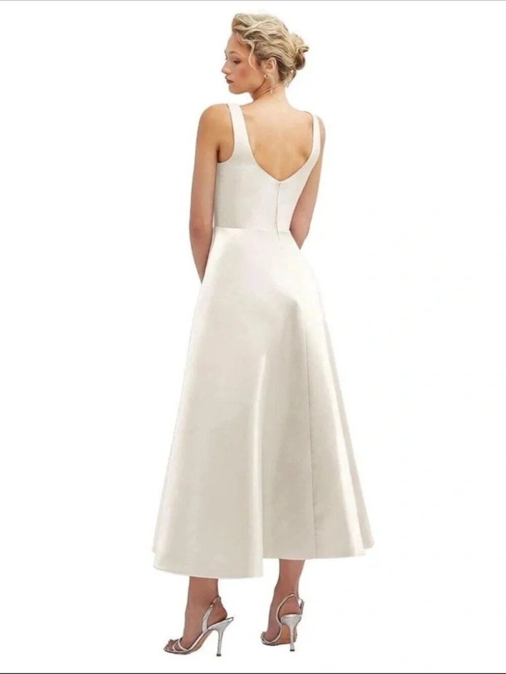 Dessy Collection Ivory Square Neck Satin Midi Dress - Size 6 - Picture 4 of 12